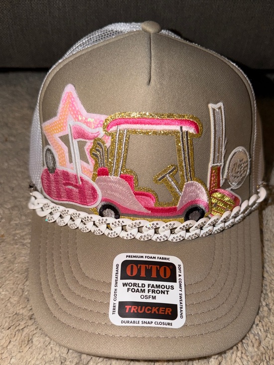 OTTO Accessories - Golf Cart Sequin Patch Trucker Hat Cuban Chain Pink Gold Glam